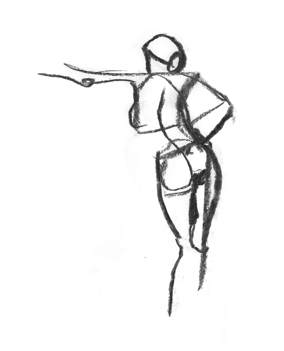 Female model standing with hands together.