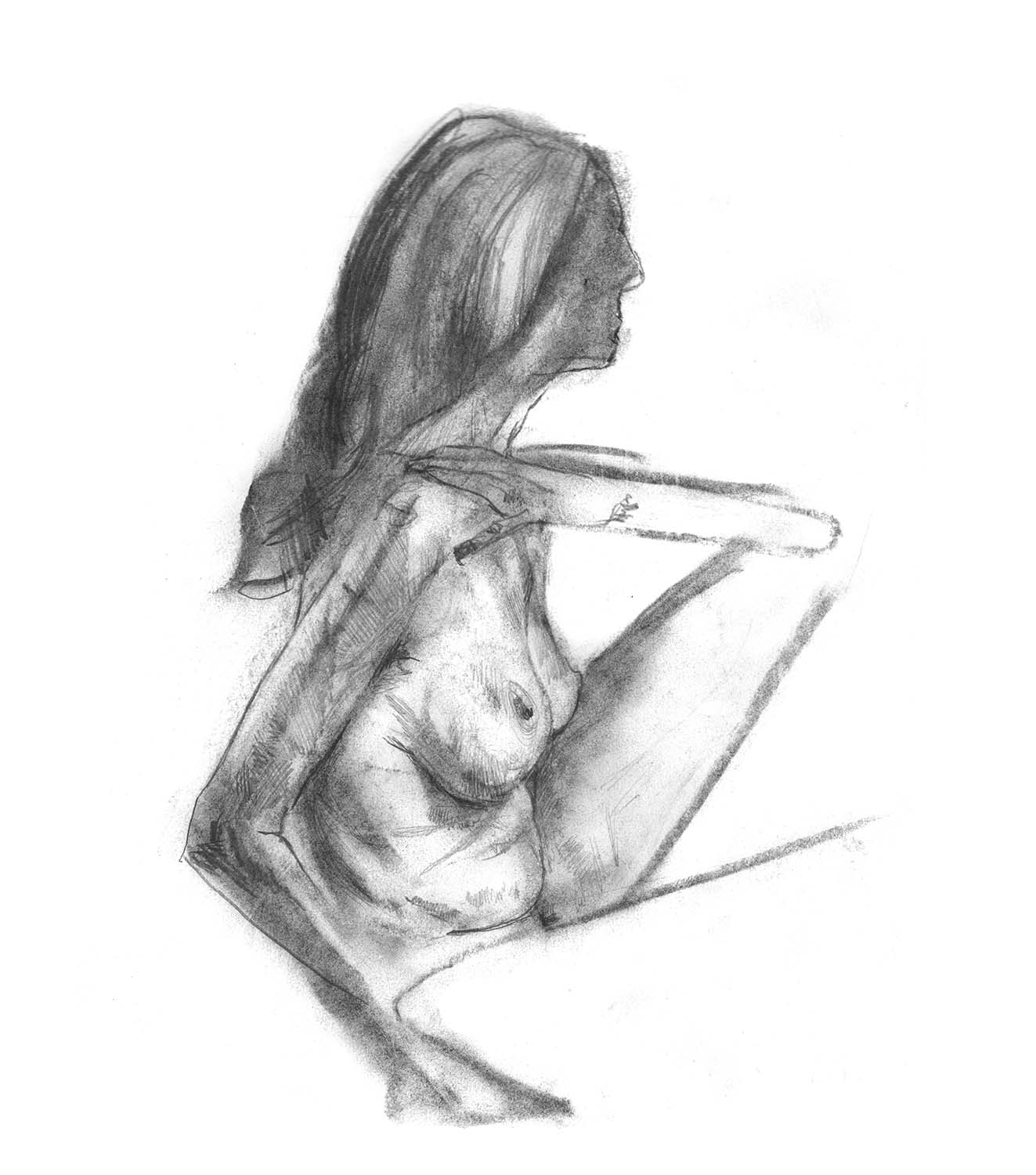 Female model standing with hands together.
