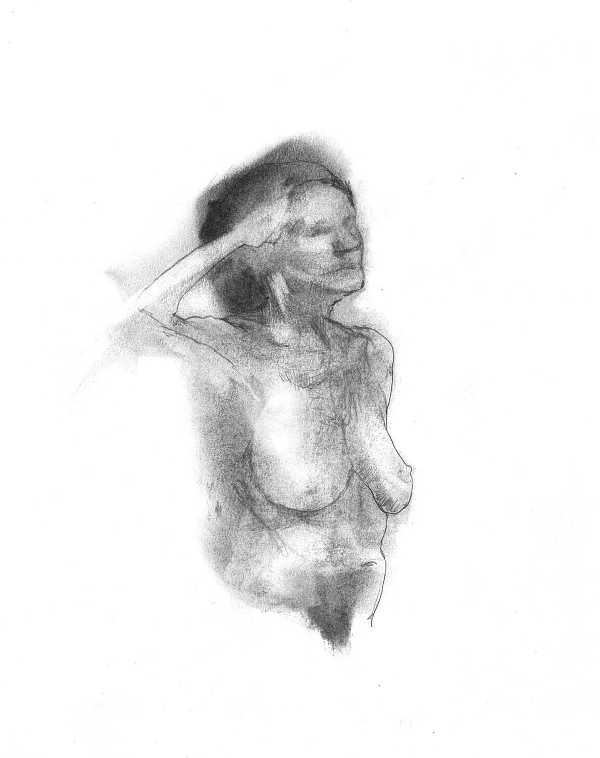 Female model standing with hands together.