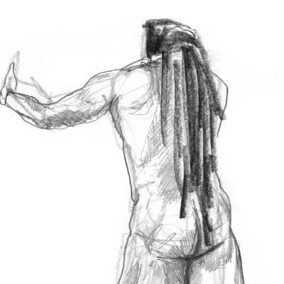 Nude male model leaning with hand out stretched