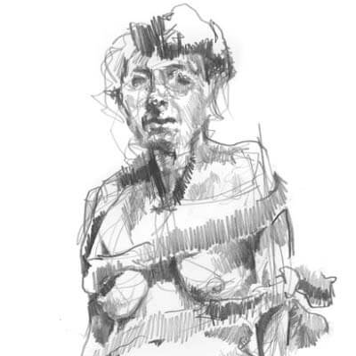 Nude female wrapped in ribbon staring at the viewer